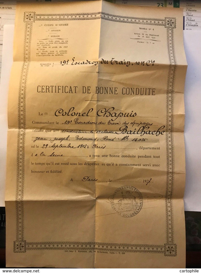 Certificat De Bonne Conduite Du Conducteur Bailhache Du 19e Escadron Du Train à Paris En 1927 - Colonel Chapuis - Manuscrits