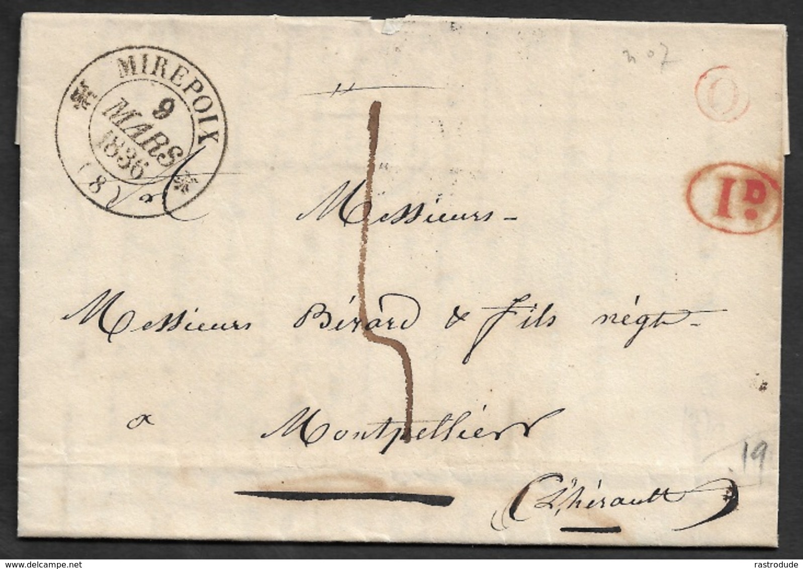 1836 - LAC - Fleurons Type 12 MIREPOIX ( ARIEGE ) Pour MONTPELLIER. 1 Déc Taxe .Boite Rural O . TB - 1801-1848: Vorläufer XIX