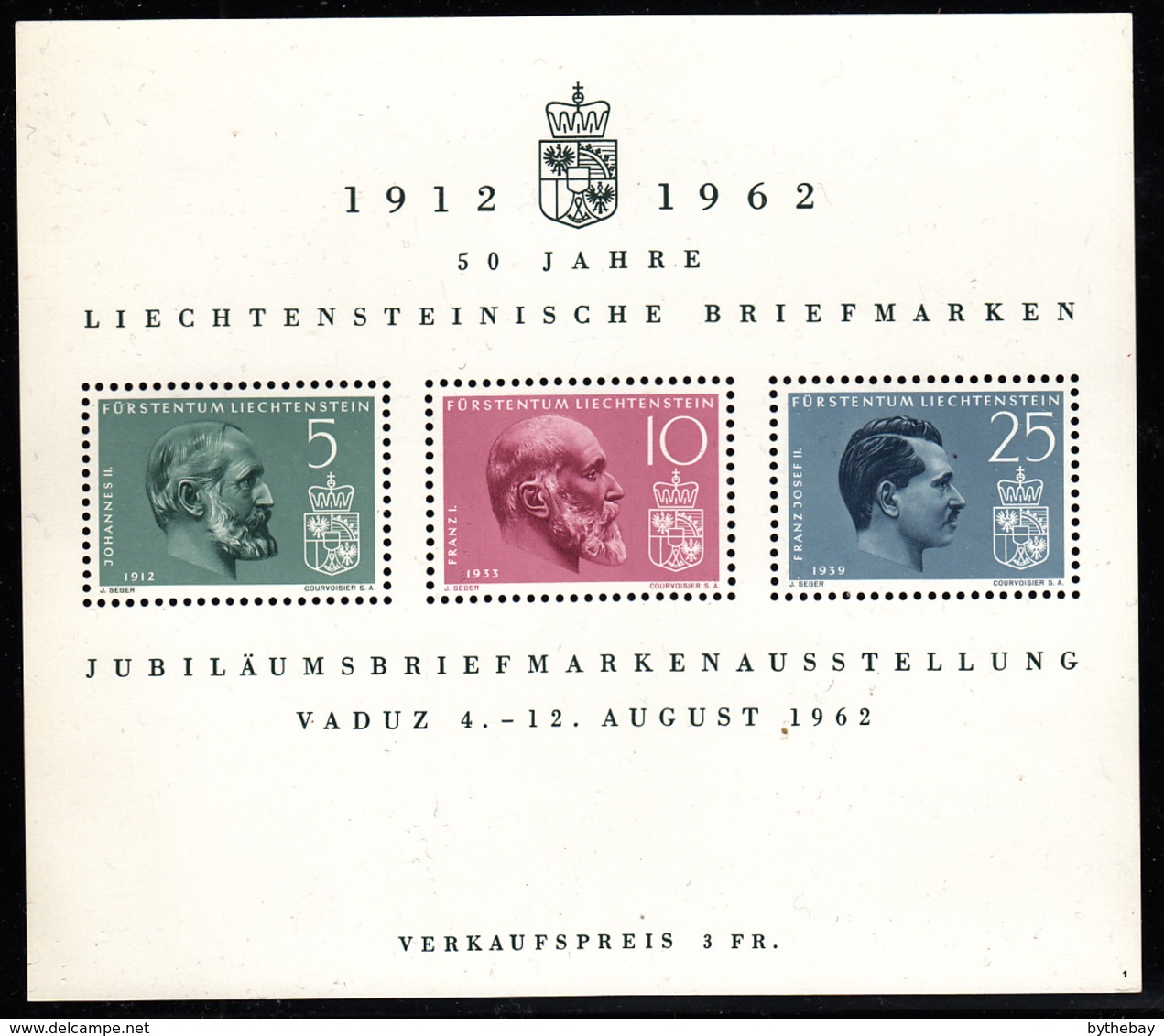 Liechtenstein 1962 MNH Sc #369 Johann II, Francis I, Franz Joseph II 50th Ann Stamp Exhibition - Neufs