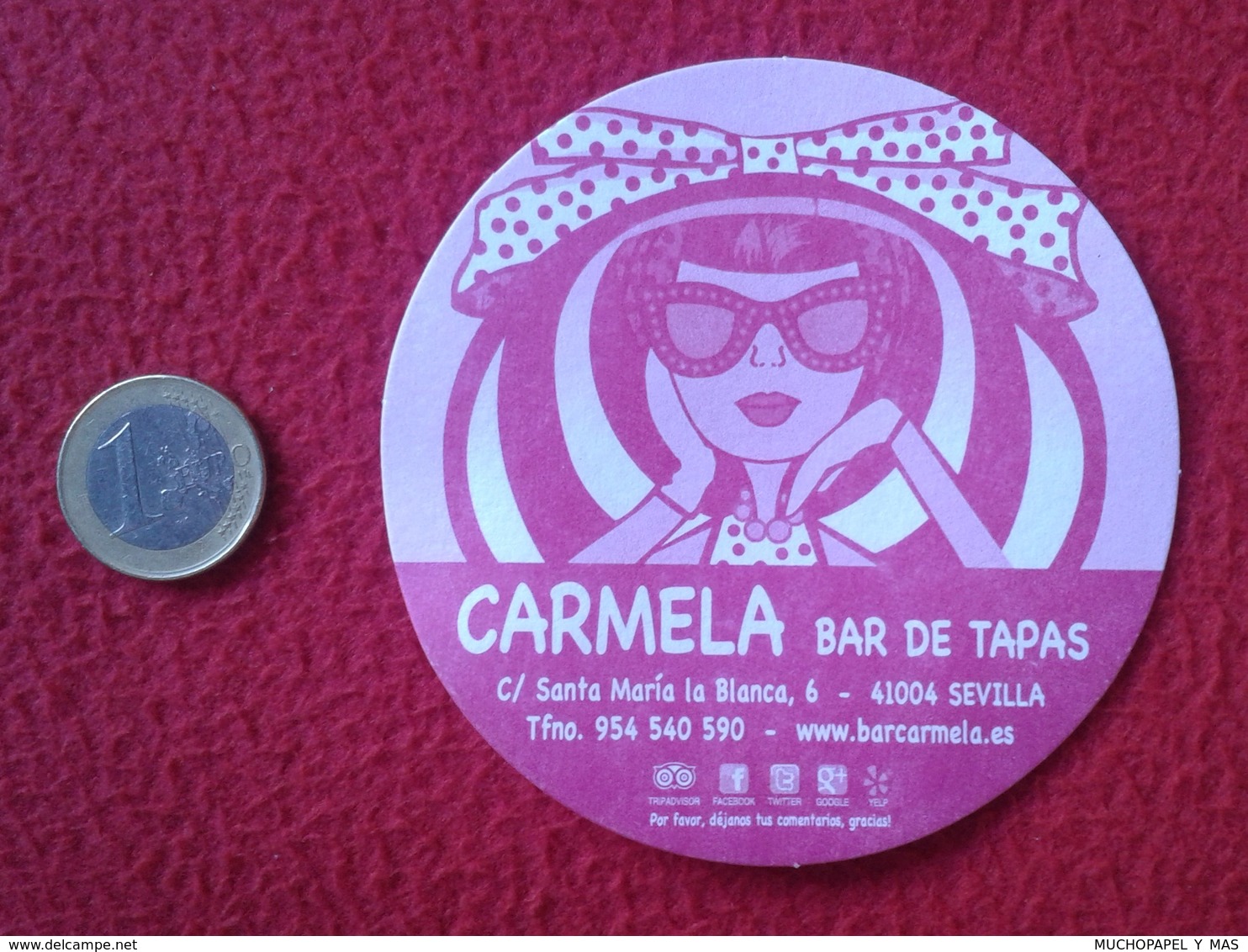 SPAIN ANTIGUO POSAVASOS OLD RARE COASTER MAT BAR DE TAPAS SEVILLA ESPAGNE IMAGEN MUJER WOMAN CON GAFAS Y SOMBRERO HAT - Portavasos