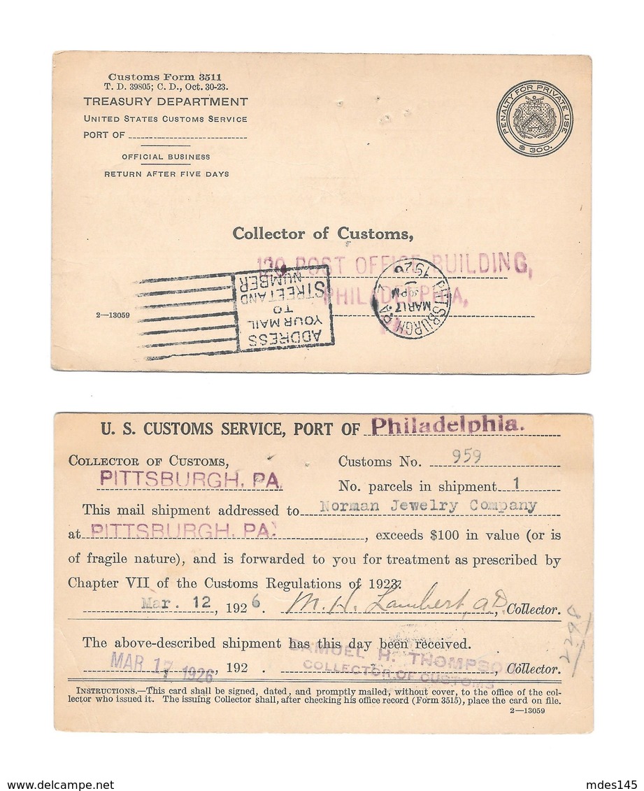 USA Penalty Card 1926 US Treasury Department Customs Pittsburgh Philadelphia PA Norman Jewelry - Postal History