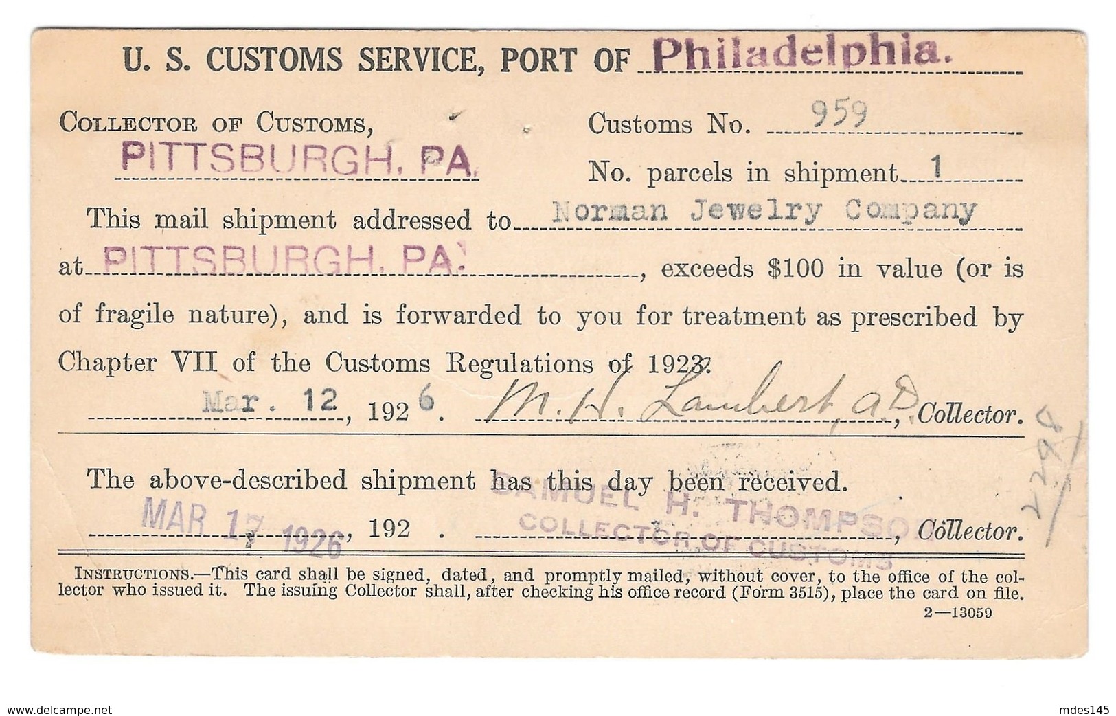 USA Penalty Card 1926 US Treasury Department Customs Pittsburgh Philadelphia PA Norman Jewelry - Postal History