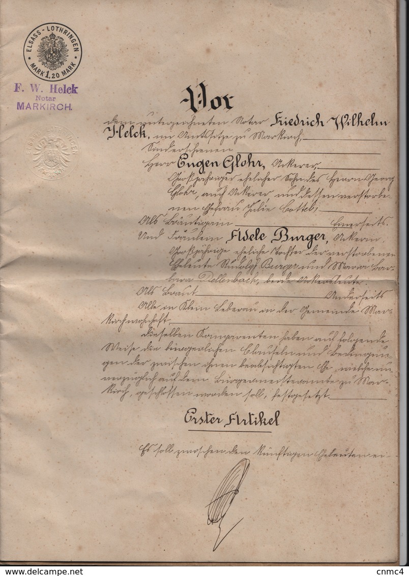 Acte Notarié F.W. Helck SAINTE MARIE AUX MINES, Markirch - Documents Historiques