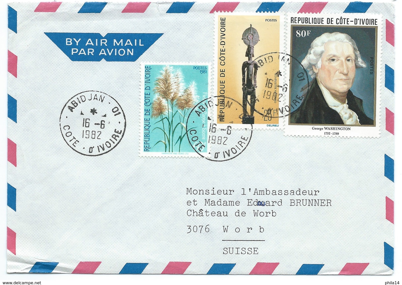 ENVELOPPE ABIDJAN COTE D'IVOIRE 1982 POUR WORB SUISSE / CANNE A SUCRE / STATUETTE / WASHINGTON - Ivory Coast (1960-...)