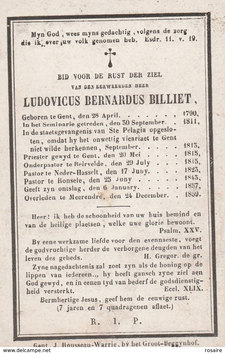 Priester Ludovicus Bernardus  Billiet-gent 1790-merendre 1859 - Imágenes Religiosas