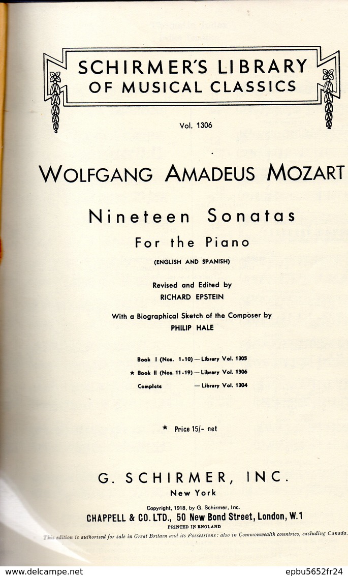 MOZART Nineteen Sonatas   For The Piano Book II Schirmer's Library Of Musical Classics Vol 1306 - Instrumentos Di Arco Y Cuerda