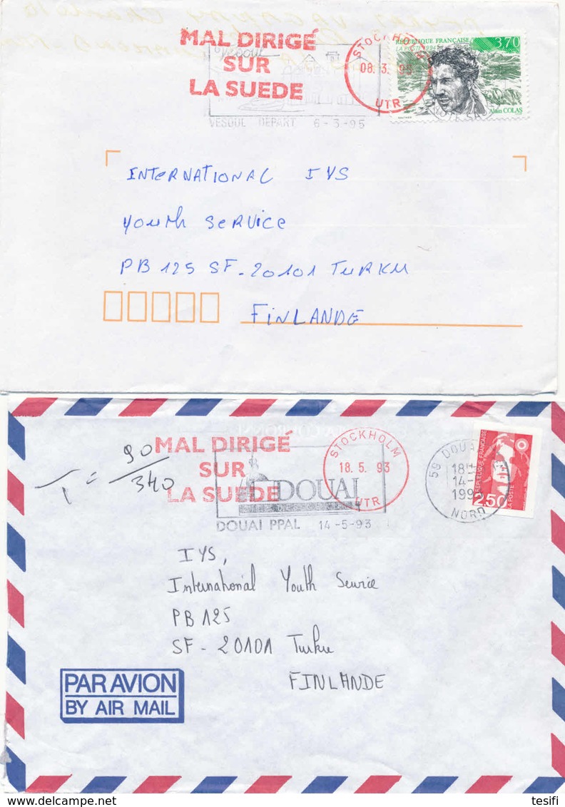 France 1993 2 Covers To Finland, Maldirige Sur La Suede, Missent To Sweden - Lettres & Documents