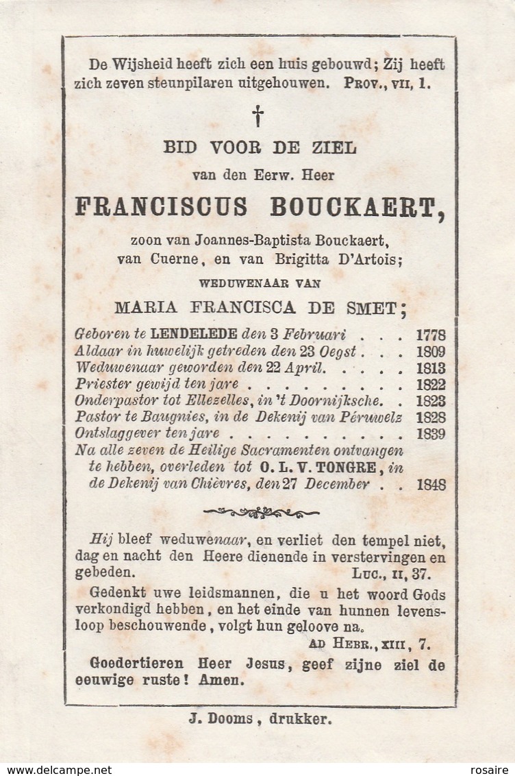 Priester Franciscus Bouckaert-na Huwelijk Priester-lendelede 1778-chievres 1848-rand Links+boven Beschadigd - Images Religieuses