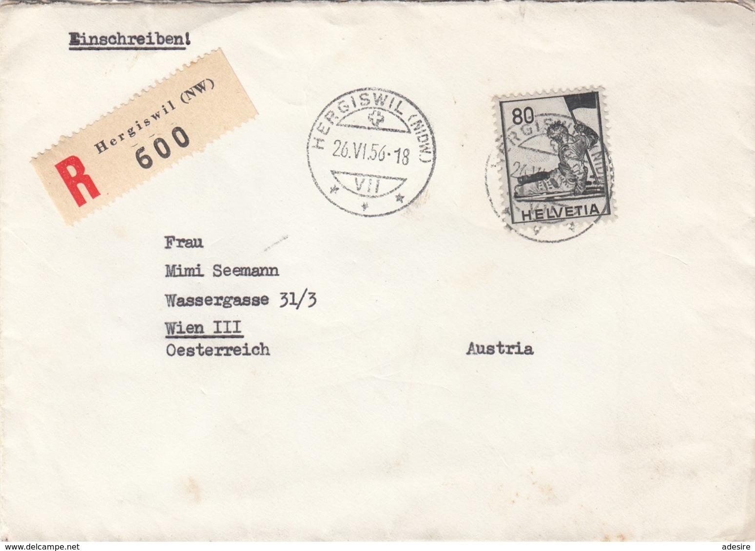 SCHWEIZ 1956 - R-Brief 80 C Frankiert Gel.v. Hergiswil > Wien III, Brief Mit Inhalt - Briefe U. Dokumente