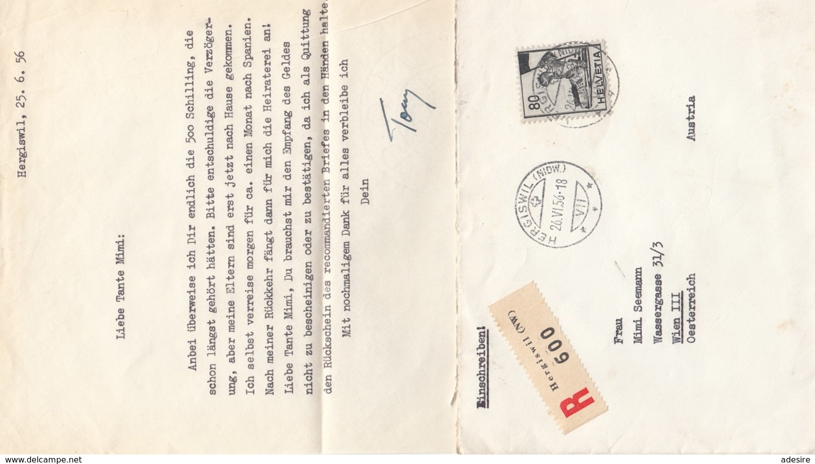 SCHWEIZ 1956 - R-Brief 80 C Frankiert Gel.v. Hergiswil > Wien III, Brief Mit Inhalt - Briefe U. Dokumente