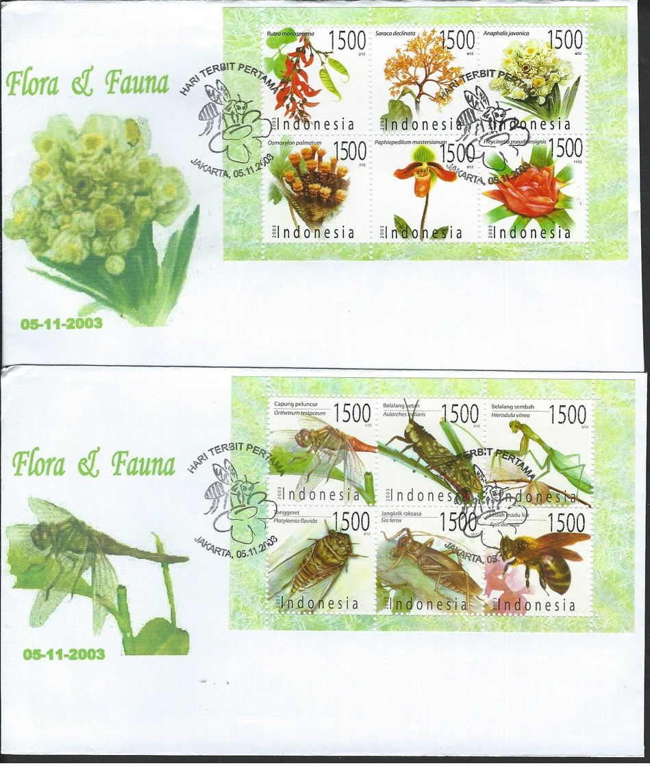 Indonesia. Scott # 2051m-n,  FDC 2 Sheetlets Of 6. Flora & Fauna 2003 - Indonesia