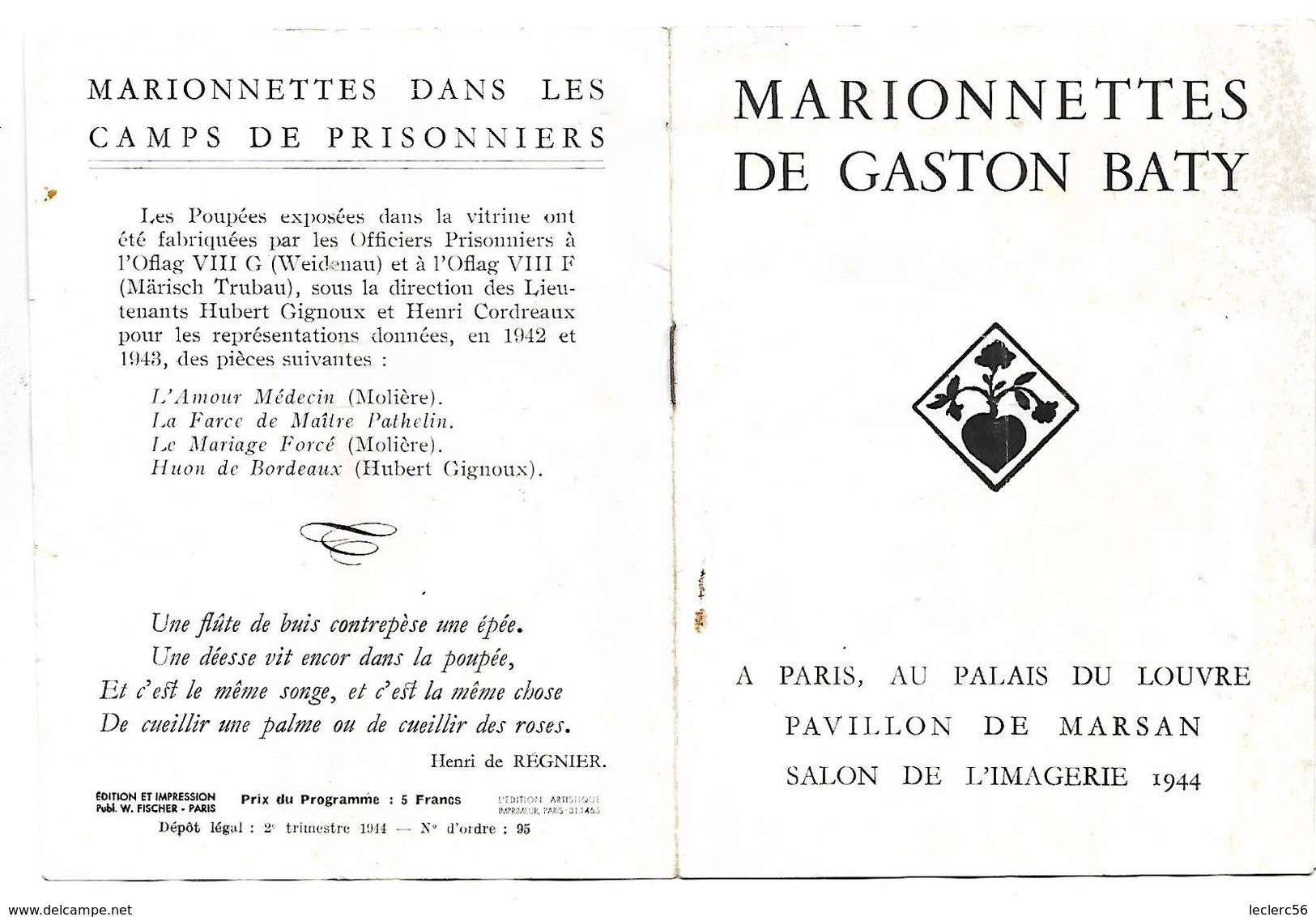 THEME GUIGNOL MARIONNETTES PROGRAMME SPECTACLE JUIN 1944  A PARIS 4 SCANS - Programmes