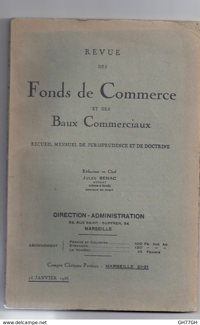 Revue Des Fonds De Commerce Et Des Baux Commerciaux. 15 Janvier 1936. Jules BENAC (rédacteur En Chef) -recueil Mensuel - Droit