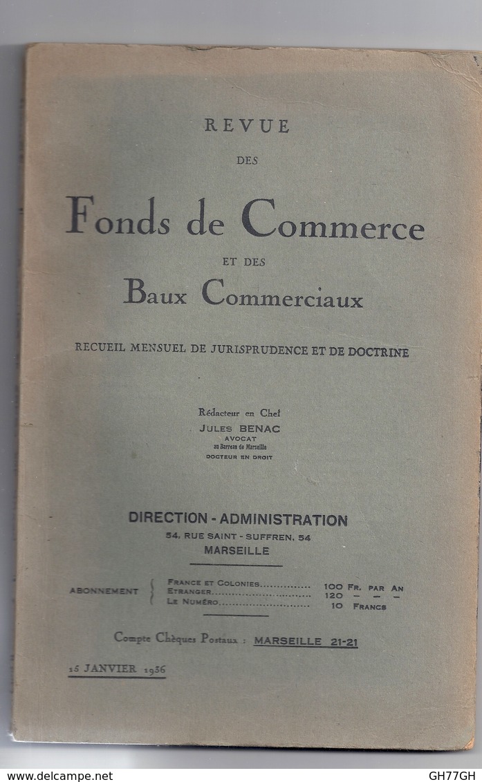 Revue Des Fonds De Commerce Et Des Baux Commerciaux. 15 Janvier 1936. Jules BENAC (rédacteur En Chef) -recueil Mensuel - Right