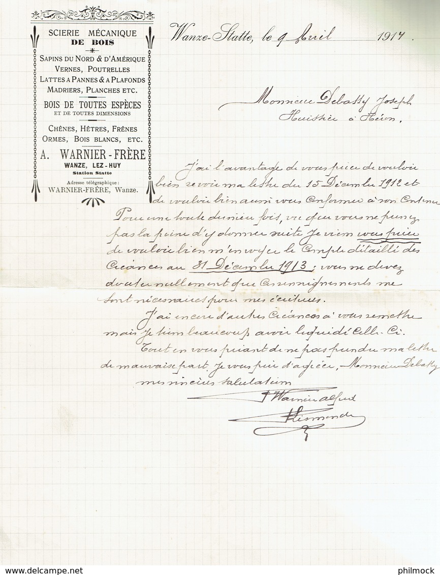 M-Facture A.Warnier-Frère Négociant En Bois Wanze-Statte Le 9 Avril 1917 - Artigianato