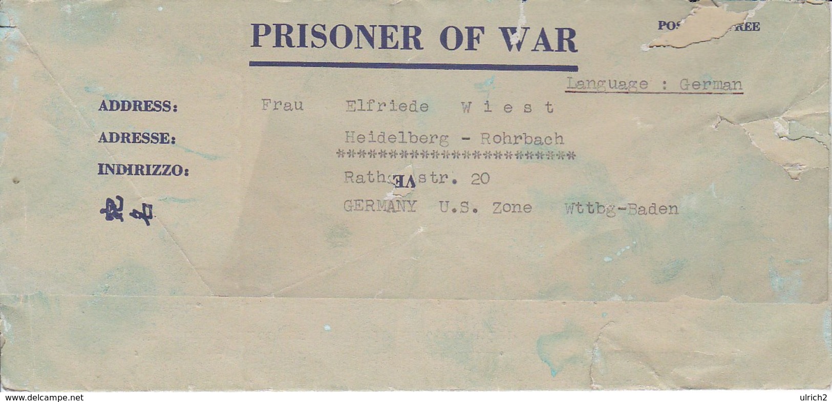 POW Letter 8550. Lab Serv. Co. 165th Lab. Supv. Center APO 21 PWE 445 To Heidelberg - 1946 (38929) - Briefe U. Dokumente