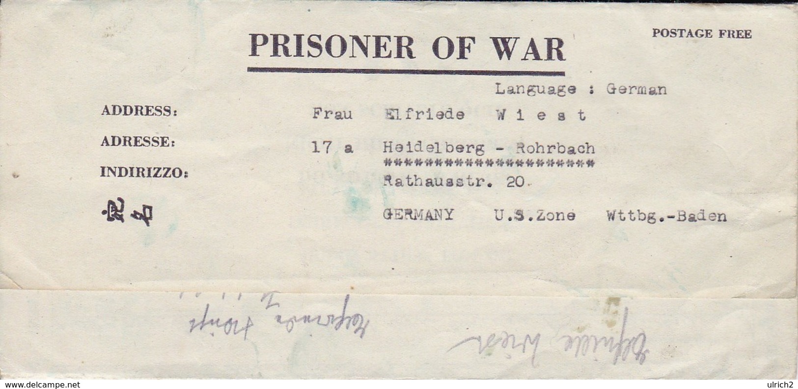 POW Letter 8550. Lab Serv. Co. 5th Lab. Supv. Area APO 21 PWE 412 To Heidelberg - 1946 (38930) - Covers & Documents