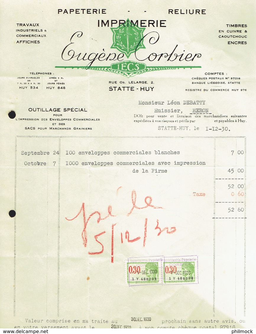 M-Facture Eugène Corbier Imprimerie-Papeterie A Statte-Huy Le 1-12-1930 Plus Fiscaux - Artigianato