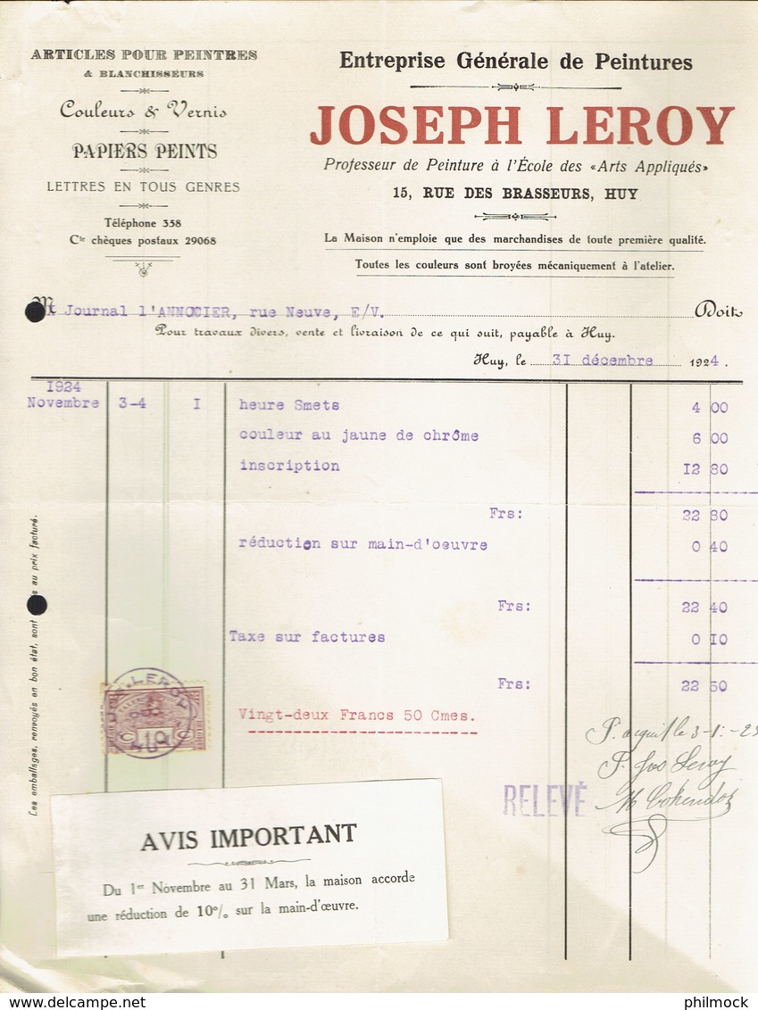 M-Facture Joseph Leroy Entreprise De Peintures A Huy Le 31-Décembre-1924 - Petits Métiers