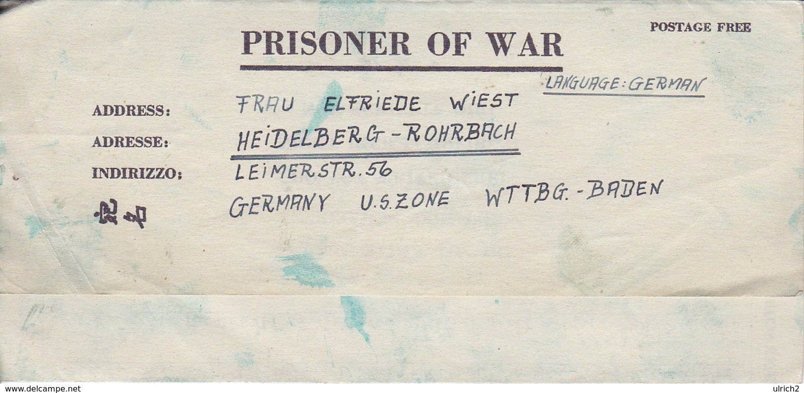 POW Letter 8550 Lab. Serv. Co.PWE 412 5th Lab. Supv. Area APO 772 To Heidelberg - 1946 (38932) - Covers & Documents