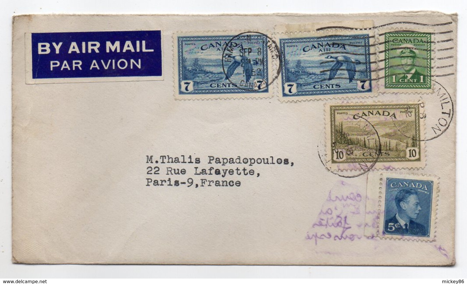 Canada-1952-lettre De HAMILTON  Pour PARIS (France)--timbres-cachets-- - Brieven En Documenten
