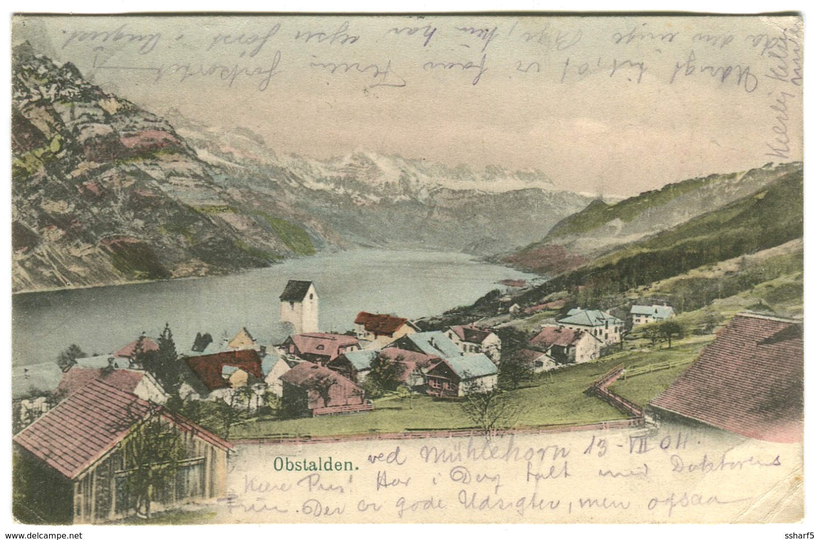 OBSTALDEN Farbe-Panorama 1904 Mit Wädenschwel (?) Langstempel - Obstalden