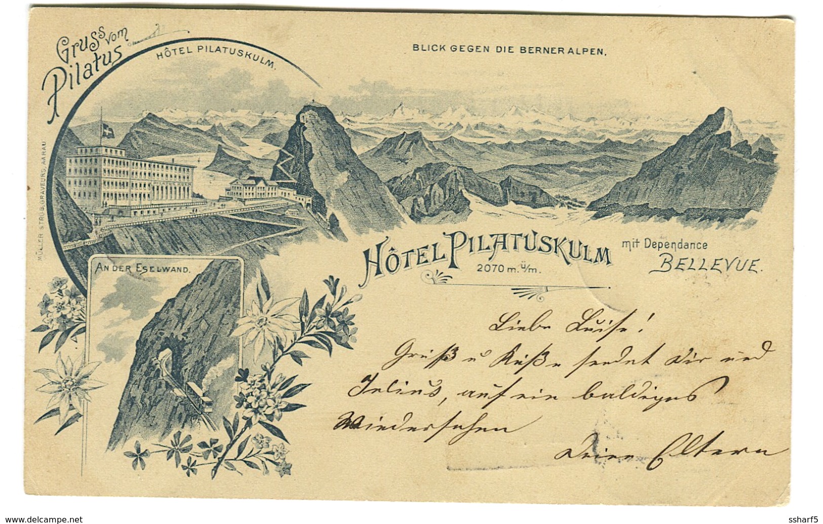 Hôtel Pilatuskulm Mit Dependance Bellevue Gruss Vom Pilatus Blick Gegen Berner Alpen Eselwand, ZUG-RAHMENSTEMPEL 1897 - Bern