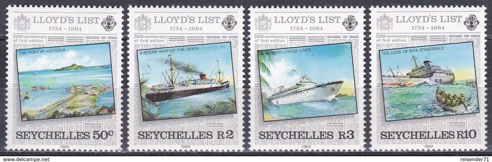 Seychellen Seychelles 1984 Transport Seefahrt Seafaring Schiffe Ships Zeitung Newspaper Lloyd's List, Mi. 554-7 ** - Seychellen (1976-...)