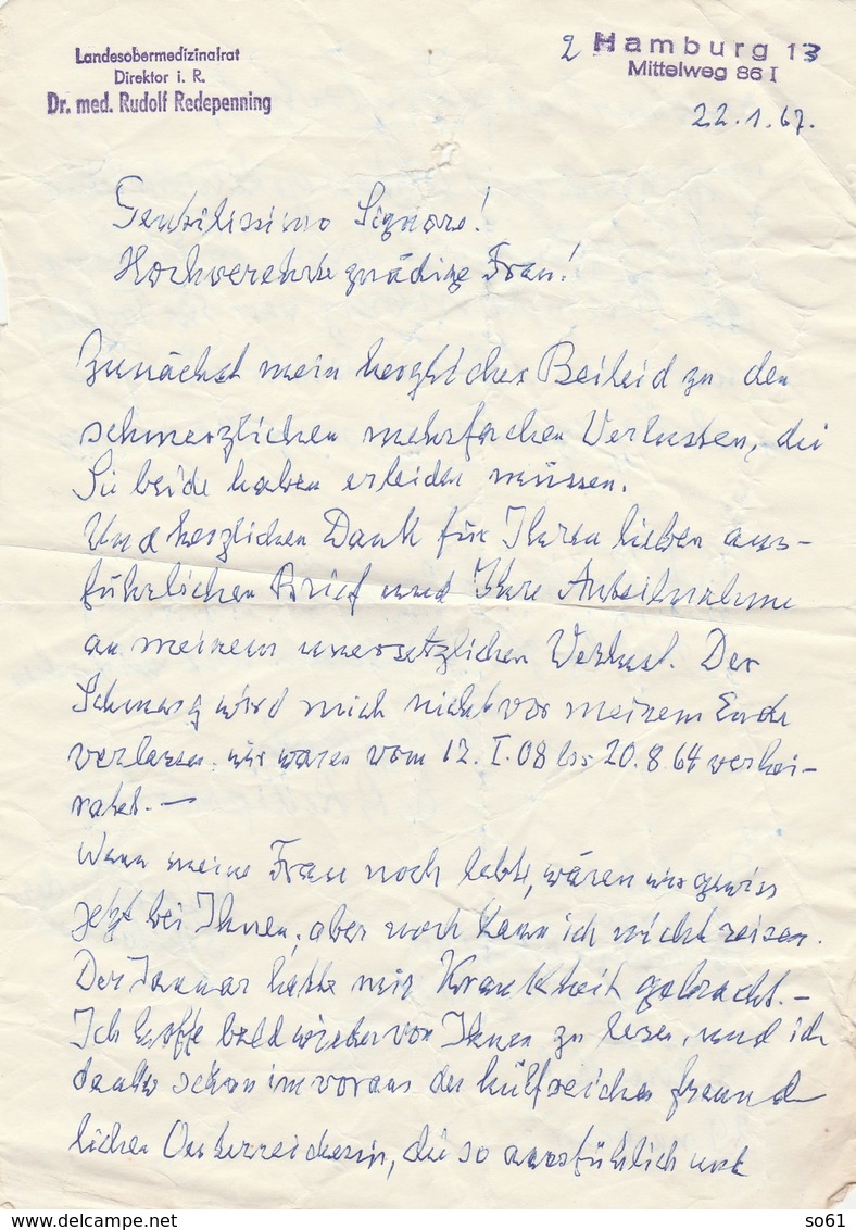 8267.   Landesobermedizinalrat Direktor I. R. Dr. Med. Rudolf Redepenning  - Hamburg  1967 - Autres & Non Classés