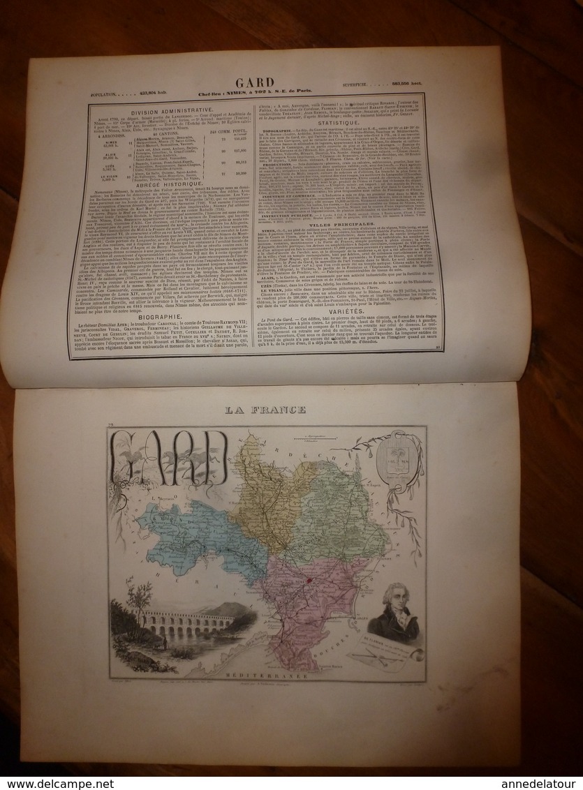1880 GARD (Nimes,Alais,Uzès,Le Vigan,etc) Carte Géographique & Descriptive:gravure Taille Douce -Migeon,géographe-édit. - Mapas Geográficas