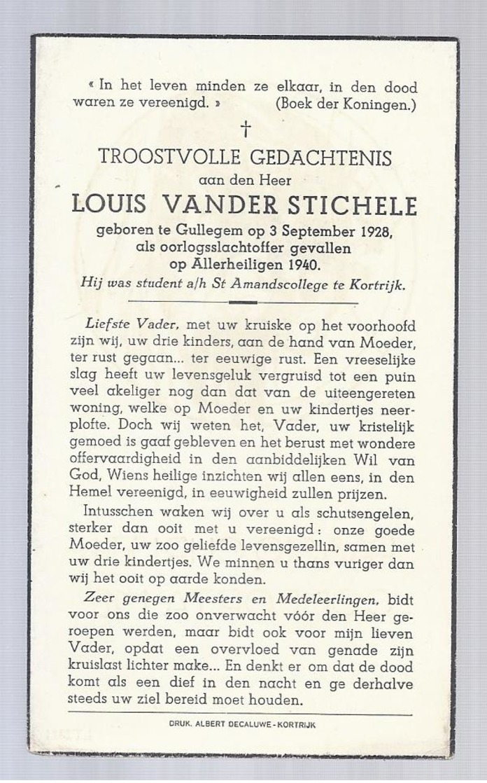 DOODSPRENTJE OORLOGSSLACHTOFFER VANDER STICHELLE ° GULLEGEM 1928 + 1940 STUDENT ST. AMANDSCOLLEGE KORTRIJK - Devotieprenten