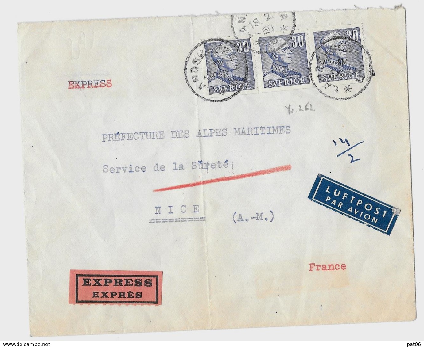 SUEDE « LANDSKRONA »  LSE Exprès - Affrt. PA « FRANCE » à 90Ön. Yv.N°262 Bande 3 - 30o Roi GUSTAVE V (Emis. De 1932/42) - 1930- ... Coil Stamps II