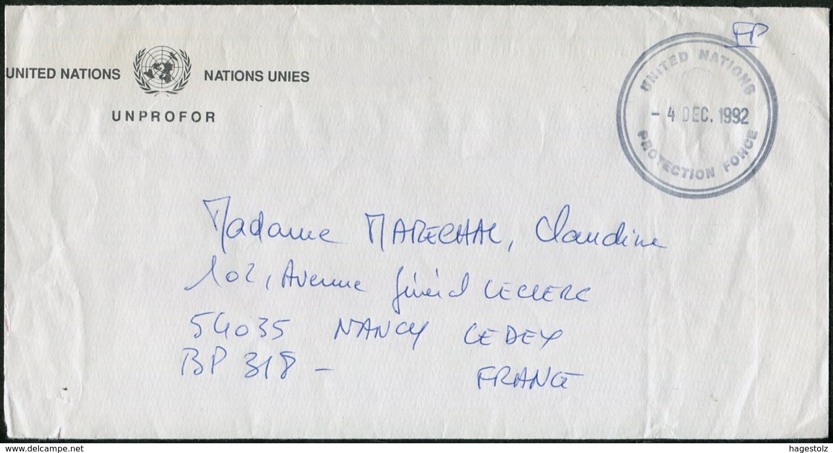 UN Forces 1992 UNPROFOR Bosnia French Contingent Field Post Poste Militaire Feldpost Military Cover Nations Unies>France - Militaria