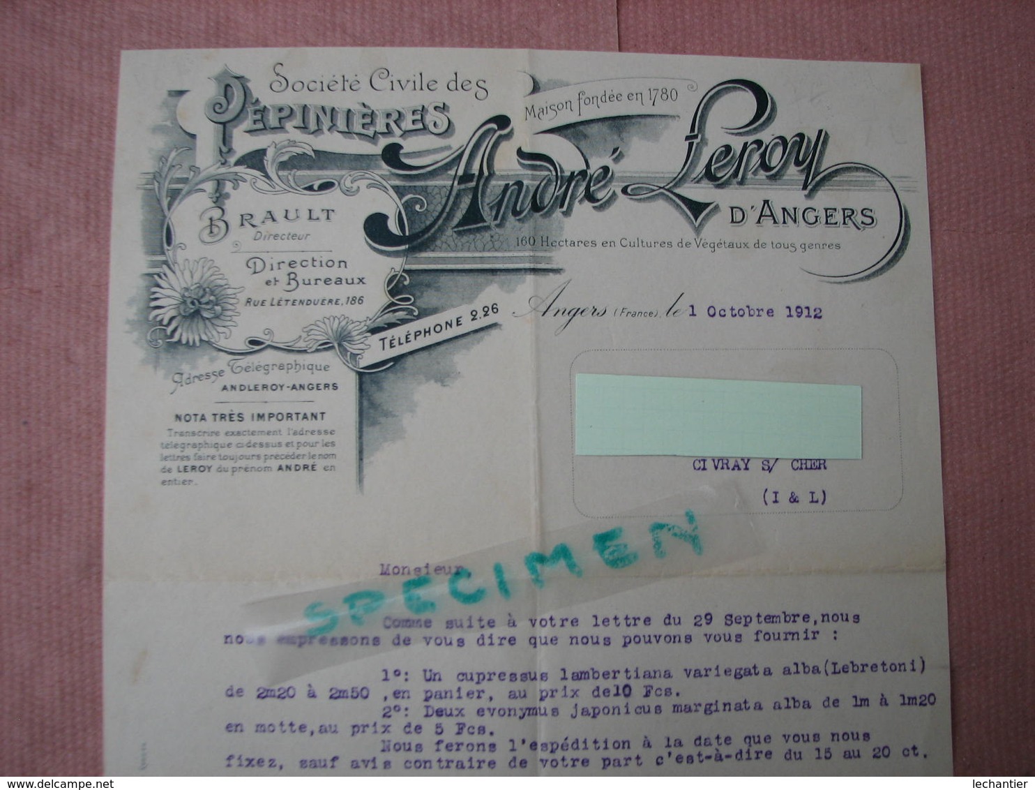 Angers Trés Belle Entéte De Lettre ANDRE LEROY 1912 Avec Enveloppe D'envoi Timbrée + Bon De Commande TBE - Autres & Non Classés