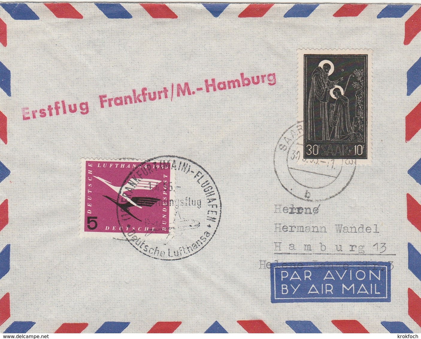 1956 - Erstflug Frankfurt Hamburg Lufthansa - Saar Saarbrucken - 1er Vol Inaugural Flight - Covers & Documents