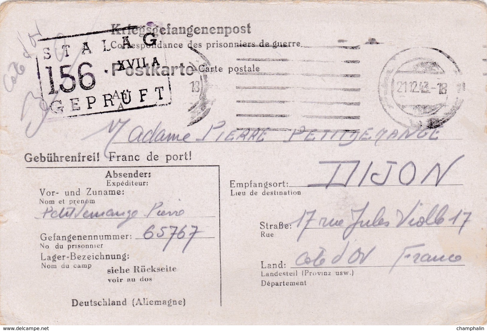 Kriegsgefangenenpost - Carte En Franchise Prisonnier De Guerre WWII - Stalag XVII-A Pour Dijon (21) - 21/12/1943 - Guerre De 1939-45