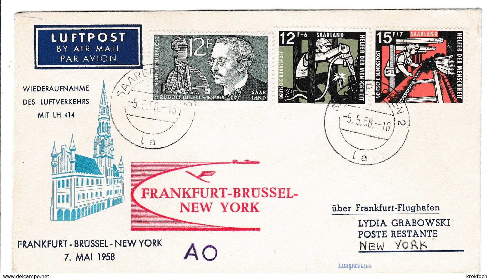 Erstflug Frankfurt Brussel New York 1958 - Saarbrucken Saar - Covers & Documents