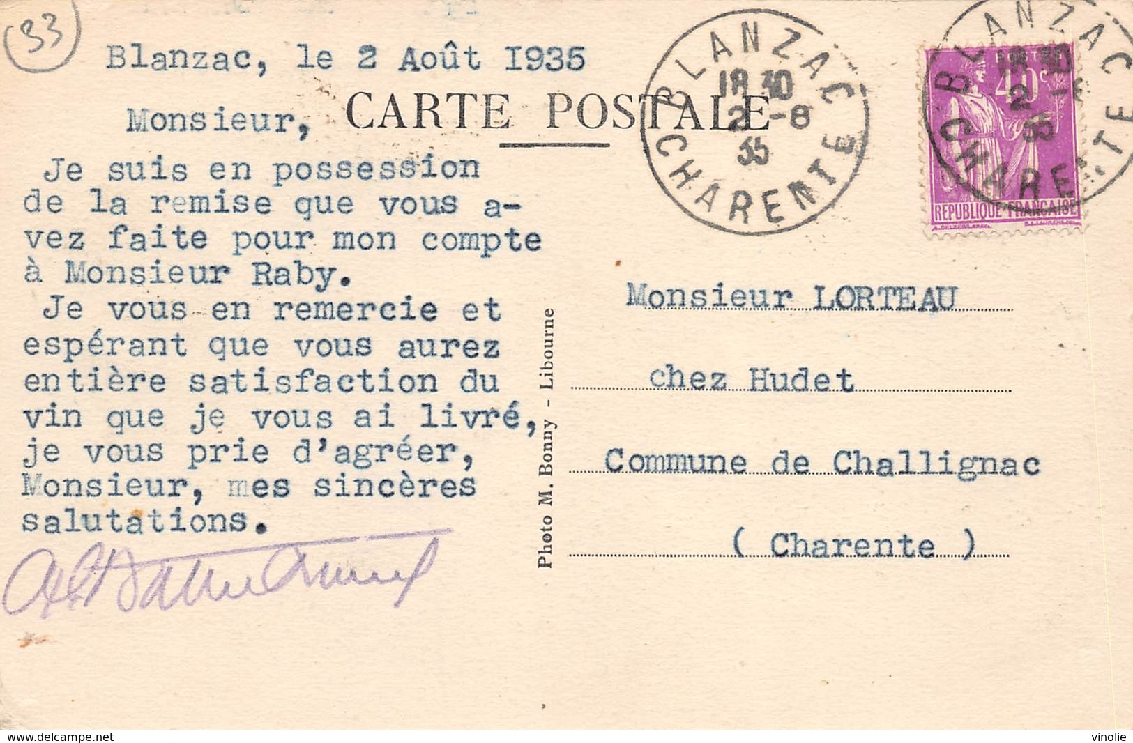 A-19-1595 : CACHET MANUEL. BLANZAC. CHARENTE. 2 AOUT 1935. - Cachets Manuels