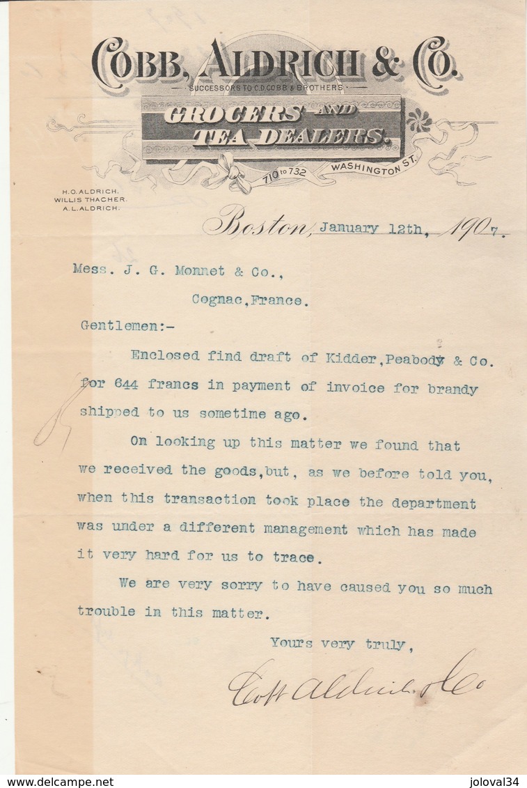 Etats Unis 1/2 Facture Lettre Illustrée 12/1/1907 COBB ALDRICH Grocers & Tea Dealers BOSTON - Thé - USA
