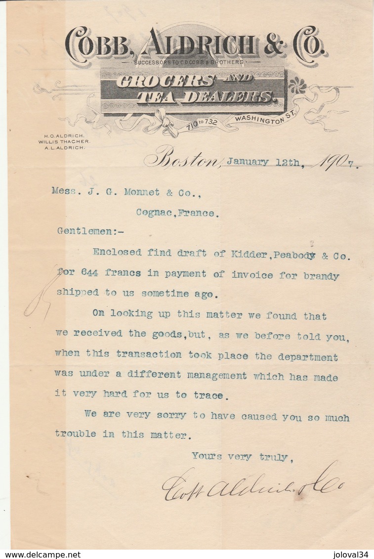 Etats Unis 1/2 Facture Lettre Illustrée 12/1/1907 COBB ALDRICH Grocers & Tea Dealers BOSTON - Thé - Etats-Unis