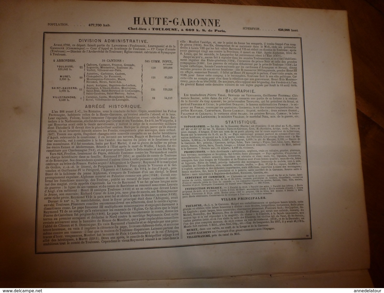 1880 HAUTE GARONNE (Toulouse,Muret,St-Gaudens,etc) Carte Géographique-Descriptive:grav. taille douce-Migeon,géographe.