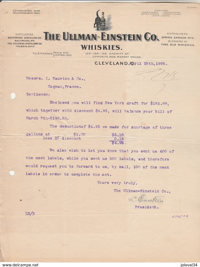 Etats Unis Facture Lettre Illustrée Chat Noir 25/4/1906 The ULLMAN EINSTEIN Co Whiskies CLEVELAND - Black Cat Whisky - United States