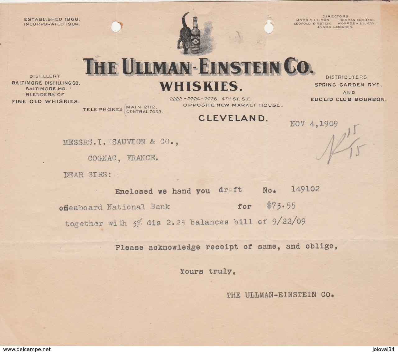 Etats Unis Facture Lettre Illustrée Chat Noir 4/11/1909 The ULLMAN EINSTEIN Co Whiskies CLEVELAND - Black Cat Whisky - Etats-Unis