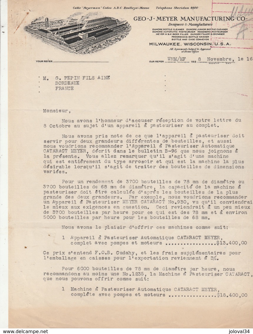 Etats Unis Facture Lettre Illustrée 16/11/1938 Geo J MEYER Designers & Manufacturers - Appareil à Pasteurise MILWAUKEE W - Etats-Unis