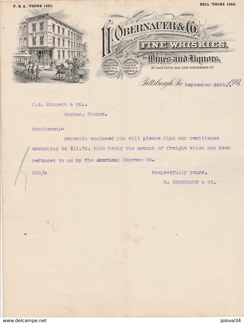 Etats Unis Facture Lettre Illustrée 25/9/1907 H OBERNAUER Distiller Fine Whiskies  PITTSBURGH - Whisky Vin Liqueurs - Etats-Unis