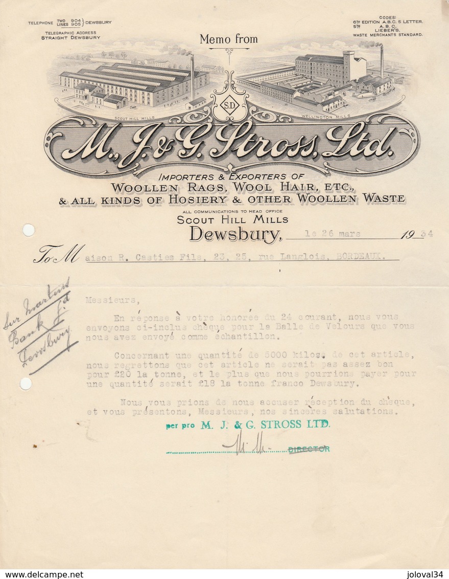 Etats Unis Facture Lettre Illustrée 26/3/1934 J G STROSS Woolen Rags, Wool Hair Etc DEWSBURY  - Laine Velours - United States