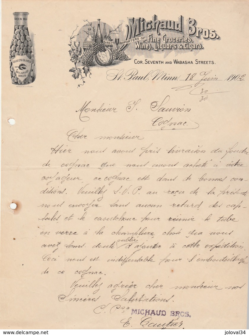 Etats Unis Facture Lettre Illustrée Olives Raisins 1902 MICHAUD Bros Groceries Cigars ST PAUL Minn épicerie Cigare - Stati Uniti