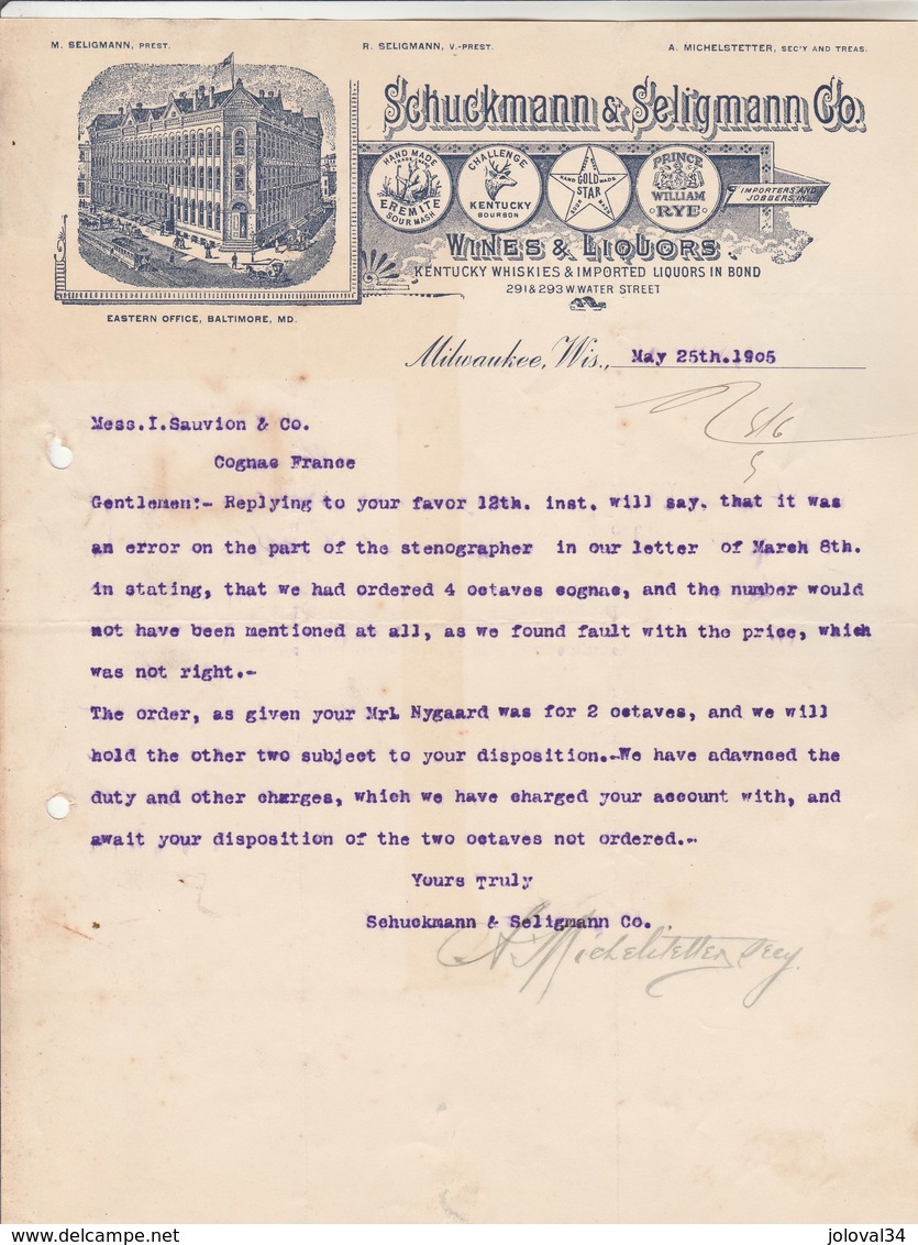 Etats Unis Facture Lettre Illustrée 25/5/1905 SCHUCKMANN & SELIGMANN Wines Liquors Kentucky Whiskies MILWAUKEE Wis - Stati Uniti