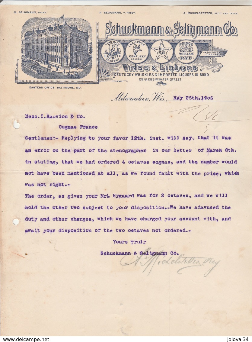 Etats Unis Facture Lettre Illustrée 25/5/1905 SCHUCKMANN & SELIGMANN Wines Liquors Kentucky Whiskies MILWAUKEE Wis - Etats-Unis