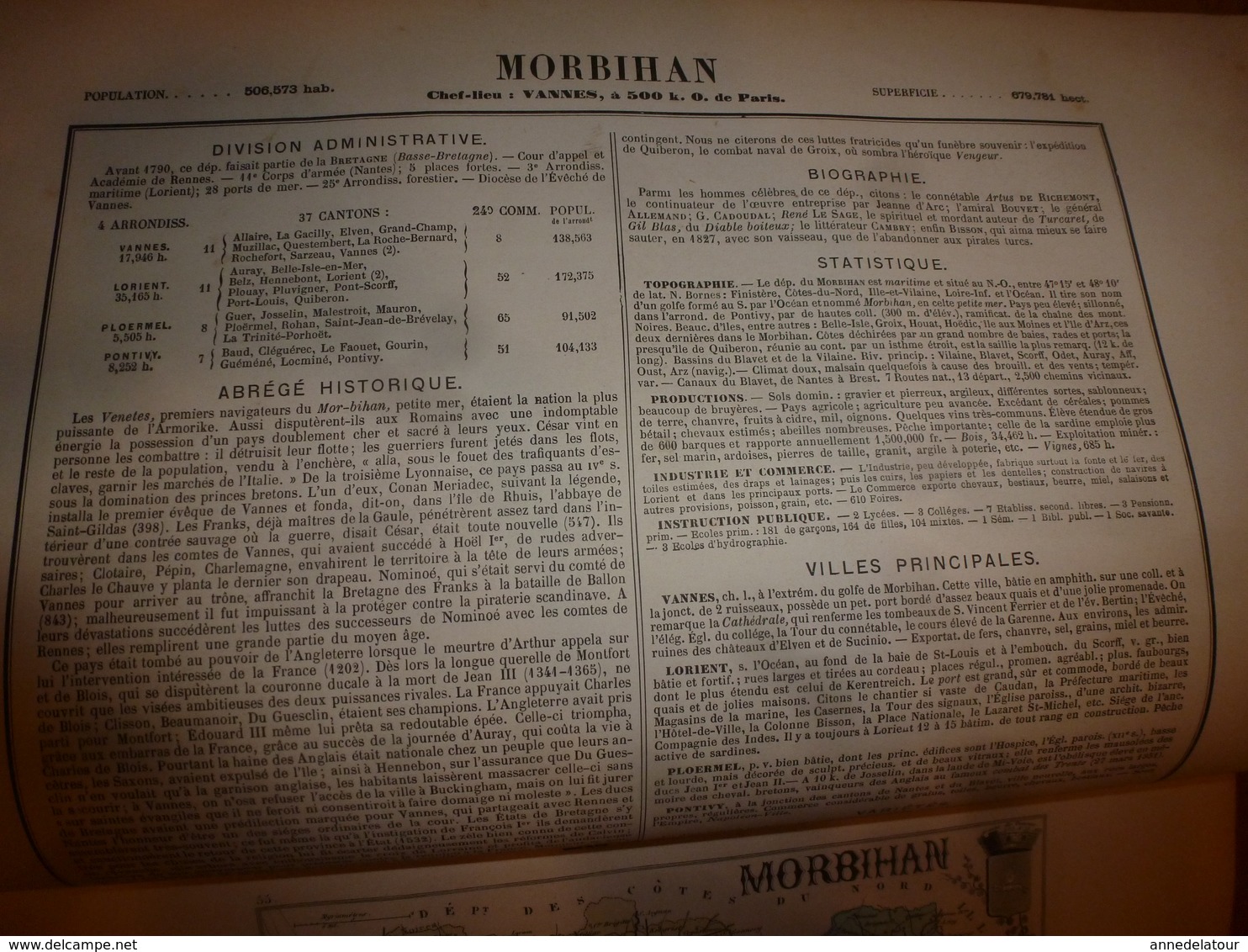 1880 MORBIHAN (Vannes,Lorient,Ploermel,Pontivy,etc) Carte Géographique-Descriptive:grav.taille douce-Migeon,géographe.